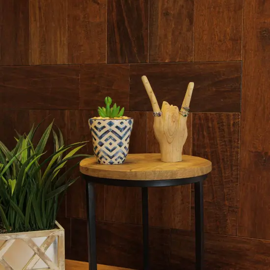 Carved Wooden Rock On Devil Horns Hand Gesture Statue Natural Finish Home Decor {5}