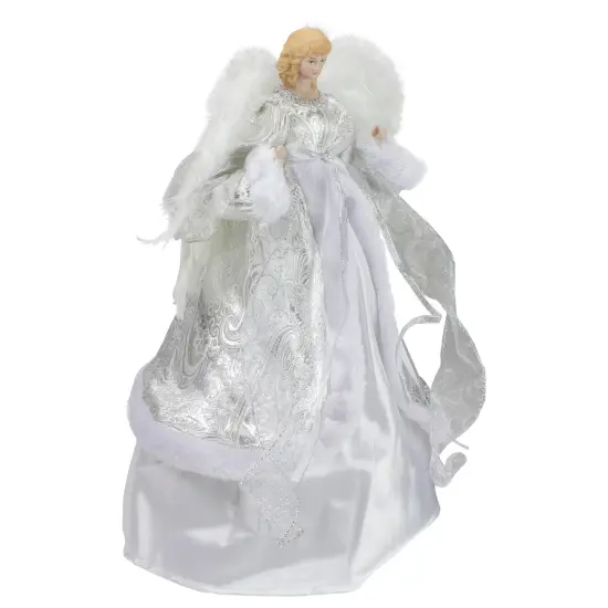 Northlight 18" Blonde Angel in White and Sliver Dress with Faux Fur Trim Christmas Tree Topper {4}