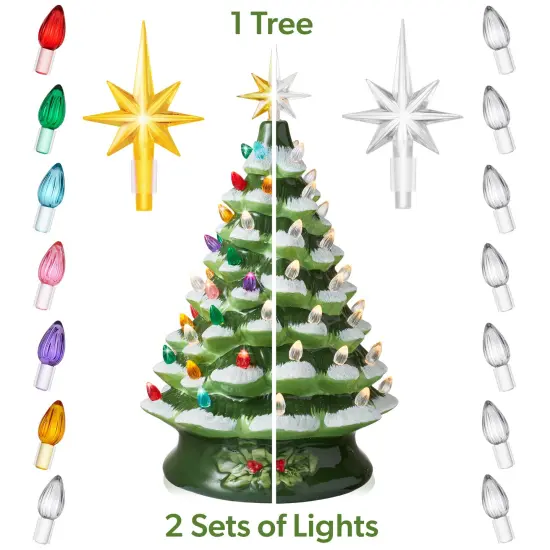Casafield Hand Painted Ceramic Christmas Tree, Green Snow Flocked 15-Inch Pre-Lit Tree with 128 Multi-color Lights and 2 Star Toppers {2}