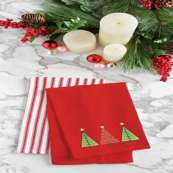 27" x 18" Three Christmas Trees Embroidered Cotton Waffle Weave Kitchen Dishtowel {3}