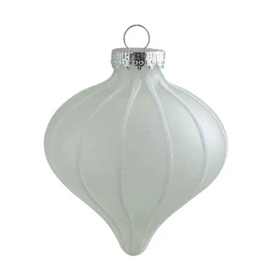 Northlight 3ct Clear and White Matte Frosted Glitter Stripes Glass Christmas Onion Drop Ornaments 3.25" (75mm) {3}