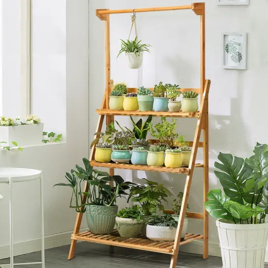 Costway 3 Tier Bamboo Hanging Folding Plant Shelf Stand Flower Pot Display Rack Bookcase {2}