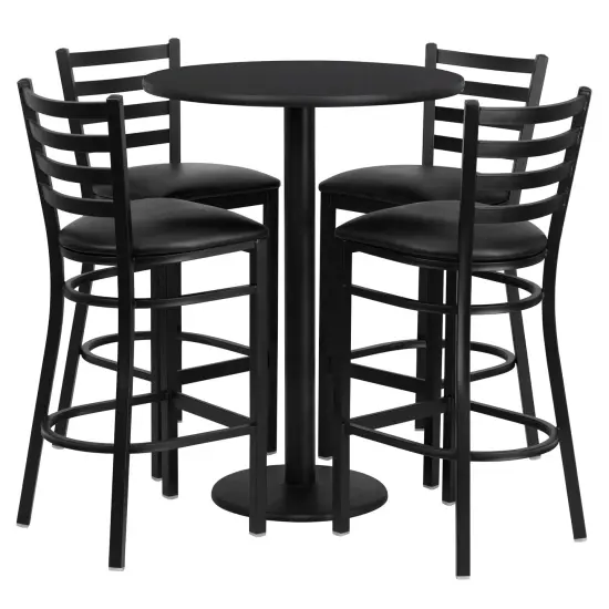 Emma and Oliver 30" Round Laminate Table Set with 4 Ladder Back Metal Stools BlackTop/BlackVinyl {1}