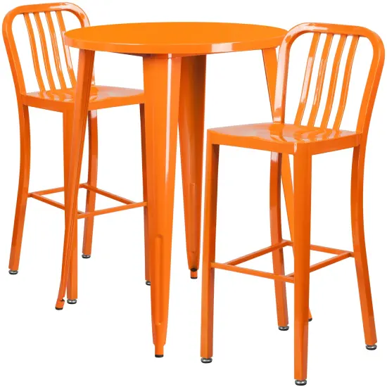 Emma and Oliver Commercial 30" Round Metal Indoor-Outdoor Bar Table Set & 2 Slat Back Stools Orange {1}