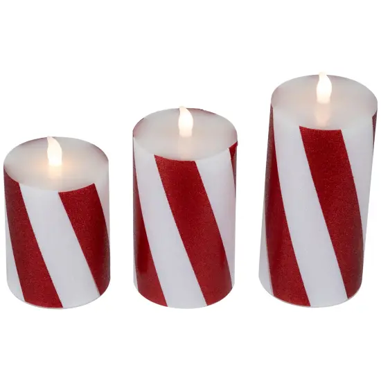 Northlight LED Flameless Flickering Candy Cane Wax Pillar Christmas Candles - 6" - Set of 3 Red {5}
