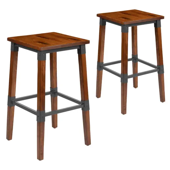 Merrick Lane Breton Backless Bar Height Stools with Steel Supports and Footrest - Set Of 2 Walnut Brown {1}