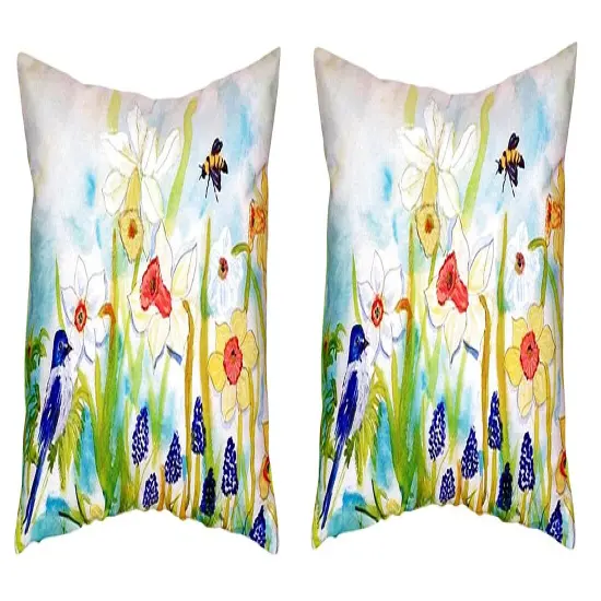 Pair of Betsy Drake Bird & Daffodils No Cord Pillows 18 Inch X 18 Inch {1}