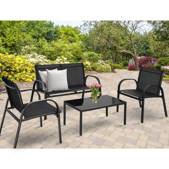 4 Pieces Patio Furniture Set with Glass Top Coffee Table Black {2}