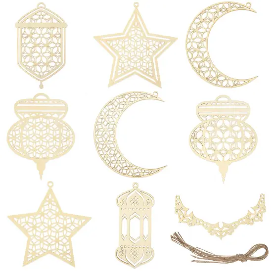 9 PCS Wooden Pendant Ornament Ramadan Kareem Hollow Decoration Moon Star Wind Light Shape Pendant Ornament Happy Eid Hanging Sign for Ramadan Mubarak Eid Party Decorations {2}