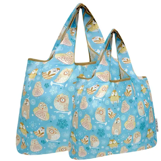 Wrapables Large & Small Foldable Tote Nylon Reusable Grocery Bags, Set of 2, Silly Owls {1}