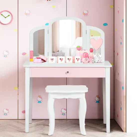 Kids Princess Make Up Dressing Table with Tri-folding Mirror and Chair White {2}