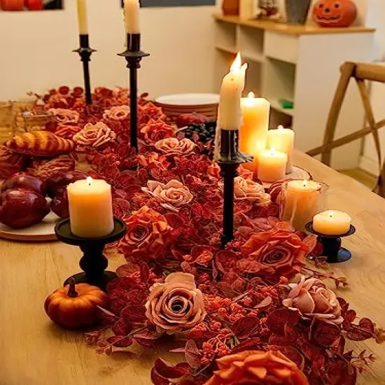 Anna's Whimsy 5.91FT Fall Garland Artificial Eucalyptus Garland with Flowers, Fall Decor Fake Rose Gypsophila Garland, Fall Flower Faux Floral Garland for Wedding Home Party Table Runner(Orange, 1) {3}