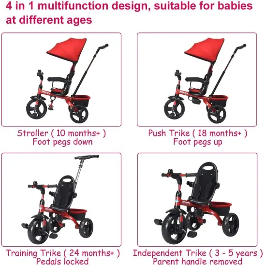4-in-1 Kids Tricycle with Adjustable Push Handle Red {6}
