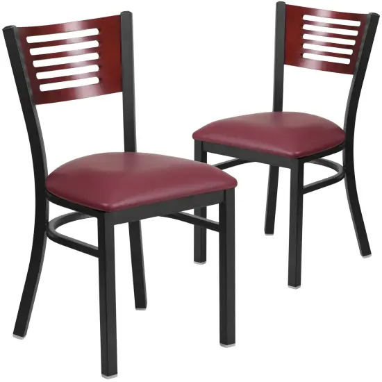 Emma and Oliver 2 Pack Decorative Slat Back Metal Restaurant Chair Mahog/BurgVYL/Black {1}
