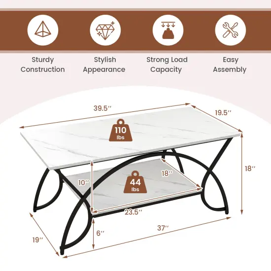 2-Tier Faux Marble Coffee Table with Marble Top and Metal Frame-Black & White Black & White {5}