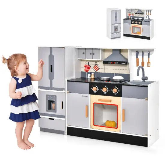 Wooden Chef Play Kitchen And Refrigerator With Realistic Range Hood And Roaster {4}