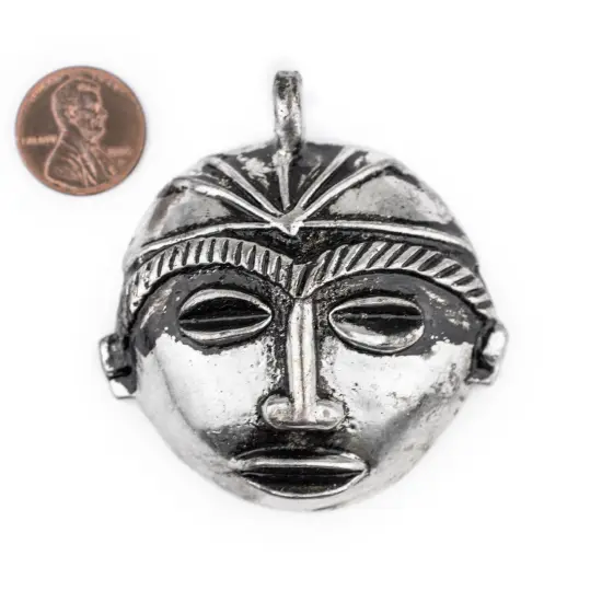 The Bead Chest Round African Silver Mask Pendant (58x62mm): Genuine West African Mask Design for DIY Jewelry & Necklaces {2}