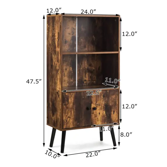 Costway 2-Tier Retro Bookcase Bookshelf w/3 Compartment&2 Doors Industrial Cabinet {2}