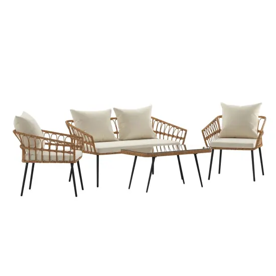 Merrick Lane Armon Four Piece Indoor/Outdoor Boho Open Weave Natural Rattan Rope Patio Set with Two Chairs, Loveseat and Table with Cushions Natural/Gray {6}