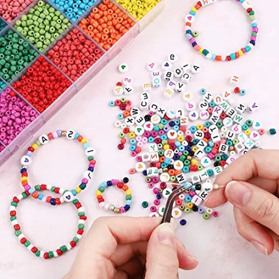 7200 Pieces 4mm Glass Seed Beads for Bracelets Making Kit 300 Pieces Alphabet Letter Beads for Jewelry Making and Crafts with Elastic String Cords, Tweezers and Accessories DIY Material {5}