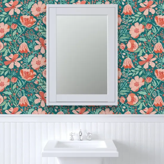 Peel & Stick Wallpaper 2FT Wide Coral Chintz Blue Green Pink Jumbo Scale Magnolia Flower Botanical Garden Custom Removable Wallpaper by Spoonflower {6}