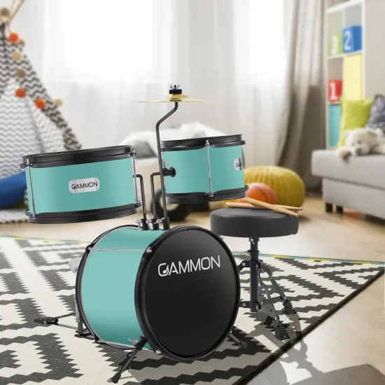 Gammon 3-Piece Junior Drum Set with Throne, Complete Beginner Kit with Bass Drum, Toms, Cymbal, Pedal, and Drumsticks {2}