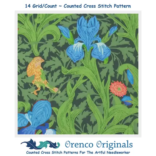 Blue Iris by Arts and Crafts Movement Founder William Morris Counted Cross Stitch Pattern {1}