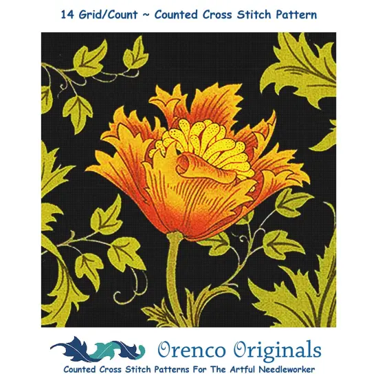 New William Morris Orange Anemone Flower on Black Counted Cross Stitch Pattern {1}