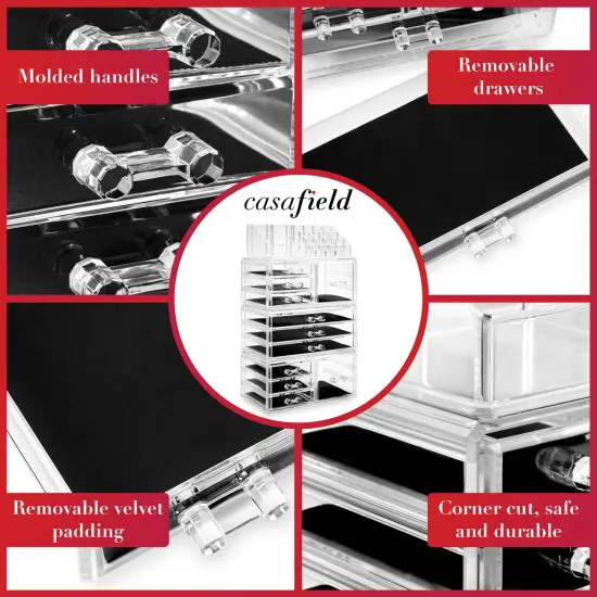 Casafield Acrylic Cosmetic Makeup Organizer & Jewelry Storage Display Case - Large 16 Slot, 2 Box & 9 Drawer Set - Clear {4}