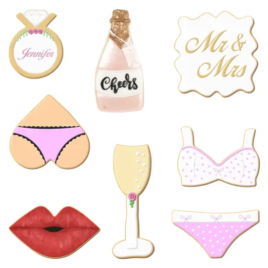 CookieCutter.com Bachelorette Party 8 Piece Cookie Cutters Set, Champagne Glass, Ring, Bottle, Bikini, Lipstick, Plaque, Tin Plate Steel, USA {3}