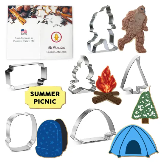 CookieCutter.com Woodland Forest 6 Piece Cookie Cutters Set, Big Foot, Tent, Campfire, Back Pack, Tree, Tin Plate Steel, USA {1}