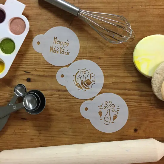 Mini Happy New Year Cookie & Cupcake Stencil Set | C799 by Designer Stencils | Cookie Decorating Tools | Baking Stencils for Royal Icing, Airbrush, Dusting Powder | Reusable Plastic Food Grade Stencil for Cookies | Easy to Use & Clean Cookie Stencil {3}