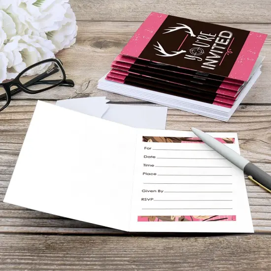 Big Dot of Happiness Pink Gone Hunting - Fill In Deer Hunting Girl Camo Baby Shower or Birthday Party Invitations (8 count) {6}