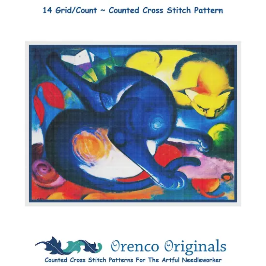 2 Vivid Cats by Expressionist Artist Franz Marc Counted Cross Stitch Pattern {1}