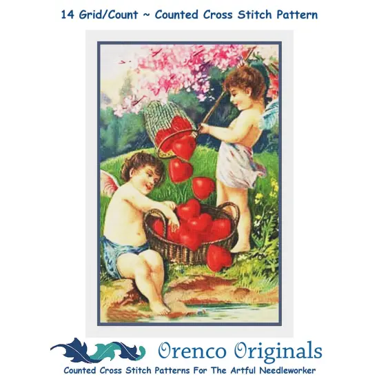Valentine Cherubs Fishing for Heart Love Counted Cross Stitch Pattern {1}