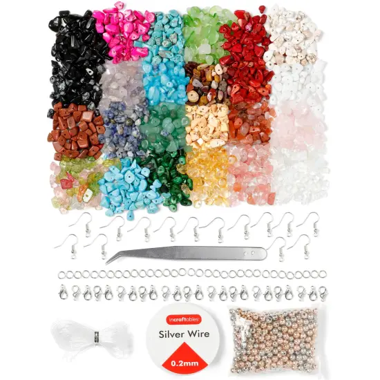 Incraftables 1000pcs Crystal Gemstone Beads for Jewelry Making (24 Colors). Best Natural Stone Chips Kit with Spacer Bead, Silver Wire, Elastic String, Earrings & Organizer for DIY Crafts & Bracelet {1}