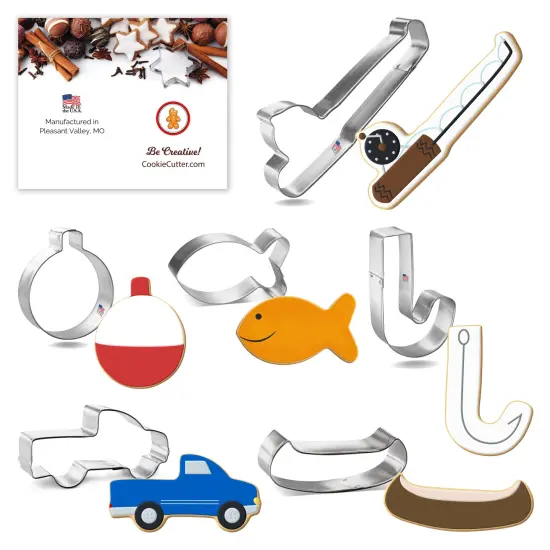 CookieCutter.com Fishing 6 Piece Cookie Cutters Set, Pole, Cute Fish, Bobber, Hook, Canoe, Truck, Tin Plate Steel, USA {1}