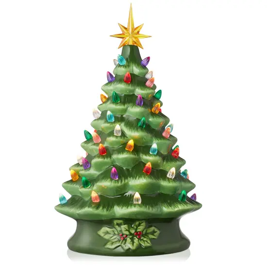 Casafield Hand Painted Ceramic Christmas Tree, Green 15-Inch Pre-Lit Tree with 128 Multi Color Lights and 2 Star Toppers {1}