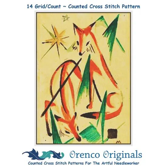 Two Foxes Sketch by Expressionist Artist Franz Marc Counted Cross Stitch Pattern {1}