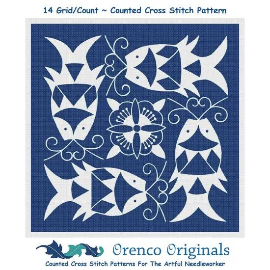 Asian Indigo 4 Fish Folk Art Design *2 DMC Colors* Counted Cross Stitch Pattern {1}