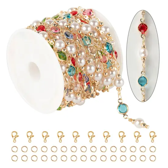 3M Artificial Pearl Chains for Jewelry Making, Mixed Color Rhinestone Jewelry Chains Bulk with Jump Rings and Lobster Clasps Jewelry Supplies Findings {2}