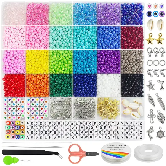 3400 Pieces 4mm Glass Seed Beads for Jewelry Bracelet Making Kit, Small Beads Friendship Bracelet Kit, Tiny Waist Beads Kit with Letter Beads and Elastic String, DIY Art Craft Girls Gifts. {2}