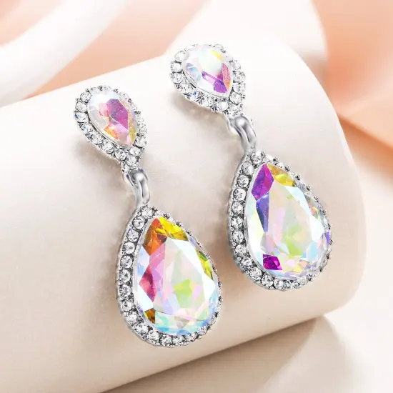Women's Austrian Crystal Wedding Tear Drop Dangle Earrings Iridescent AB Silver-Tone {4}