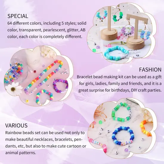 2350 Pieces, 64 Colors, Pony Beads for Bracelet Making Kit, Rainbow Kandi Beads Friendship Bracelet Kit, Letter Beads and Elastic Strings for Bracelet Necklace Making, Craft Gifts Set for Girls {4}