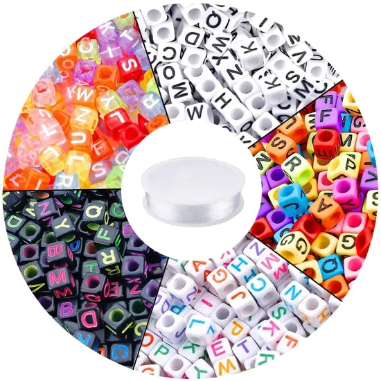 1400 Pieces 5 Color Acrylic Alphabet Cube Beads Letter Beads with 1 Roll 10M Crystal String Cord for Jewelry Making(6mm) {1}