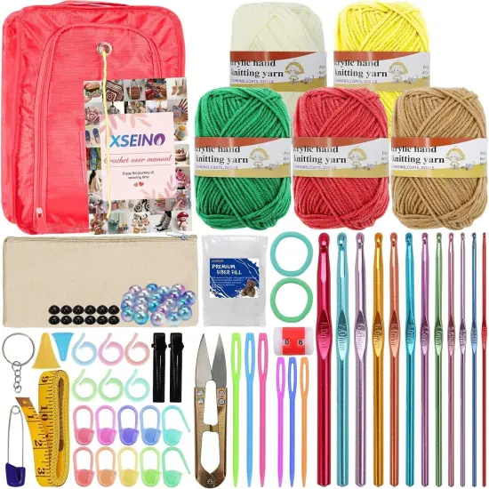 Crochet Kit with Step-By-Step Video Tutorials,Premium Bundle Includes 12 Roll X50Yard Acrylic Yarn Balls, 12 Crochet Hooks, Crochet Bag and All Accessories Kit, Crochet Kit for Beginners Crochet Kit-5Colors {1}