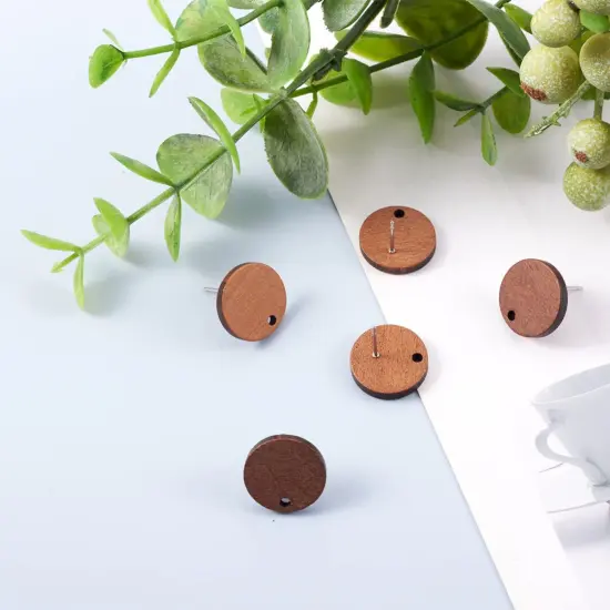 20 Pairs Walnut Wood Flat Round Shape Earring Findings 15mm Coconut Brown Dangle Stud Pendants with 304 Stainless Steel Pin for DIY Wooden Earrings Making {4}