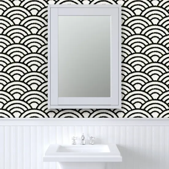 Peel & Stick Wallpaper 2FT Wide Rice And Nori Black White Japan Japanese Wave Geometric Monochrome Stripes Custom Removable Wallpaper by Spoonflower {6}