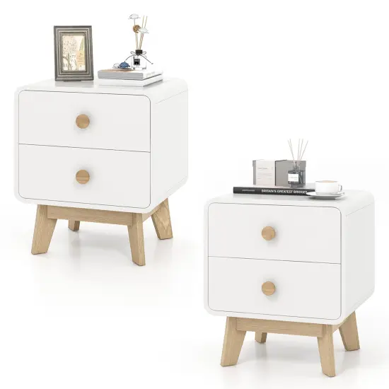 Costway 1/2 PCS Nightstand Mid Century Modern Bedside Table with 2 Drawers Solid Rubber Wood Legs White {8}