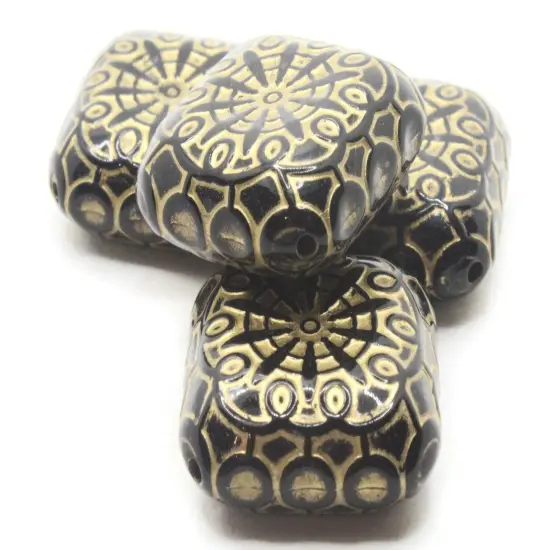4 37mm Black Plastic Flat Square Beads with Gold {4}